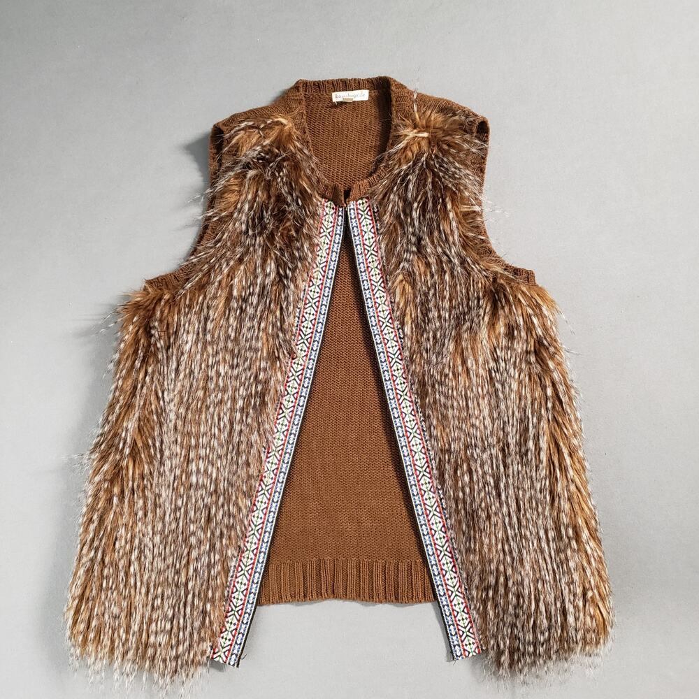 love on a hanger Boho Faux Fur Embroidered Ribbon Vest Size L Faux Feather Brown
